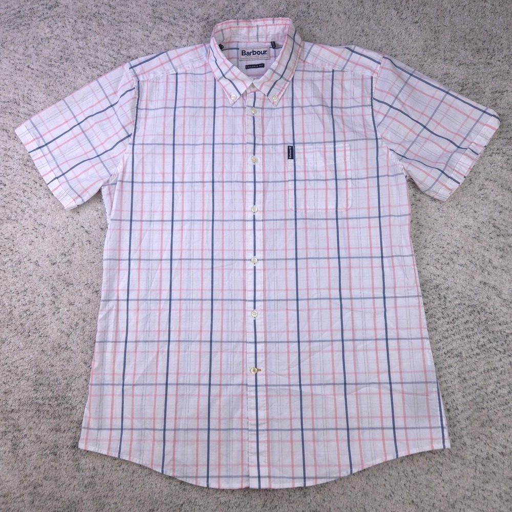 Barbour Shirt Mens Medium Tailored Fit Tattersall Check Plaid‎ Button Pink EUC